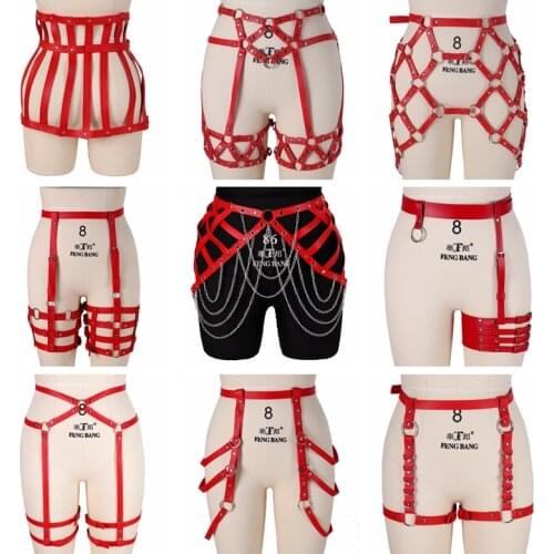 Red Leather Skirt Harness Cage Thigh Goth Punk Metal Ring Adjust Waistband Suspender Sexy Lingerie Dance Rave Body Garter Belt