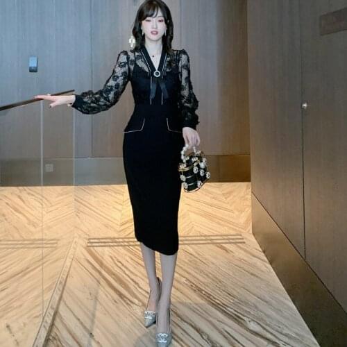 Black Lace Patchwork Autumn Winter Dress 2021 Long Sleeve Midi Wrap Dress Woman with Bow Midi Elegant Dresses for Women Party