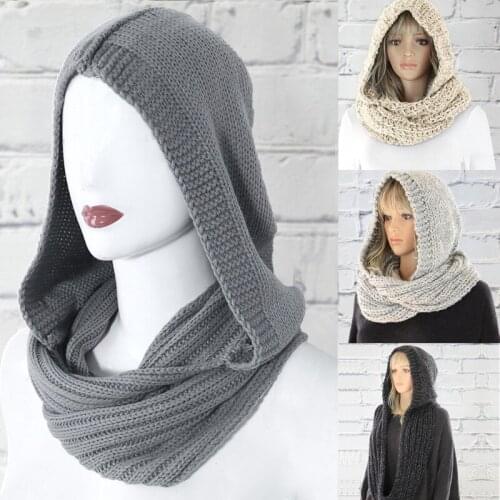 Women Winter Crochet Knit Hood Infinity Scarf Outdoor Windproof Warm Long Shawl Wrap Solid Color Earflap Hat Neck Warmer