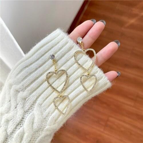 Korean Big Hollow Love Heart Clip Earrings Female Temperament Simple Long Shinny Rhinestone Heart-shaped Clip on Earrings Lady