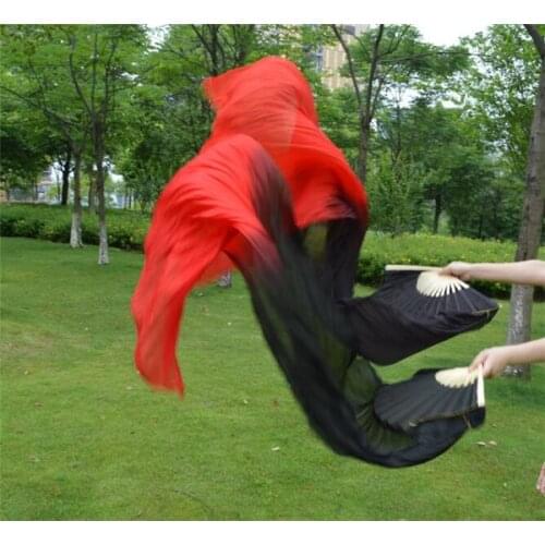 Japan Hot Sell 100% Silk Belly Dance Fan Veils Bamboo Folding Long Fans Dancer Performance Props Red Black Yellow Free Shipping