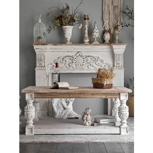 American-Style Solid Wood Vintage Engraving Tea Table Homestay Sofa Distressed Rectangular Decoration Tea Table Coffee Table