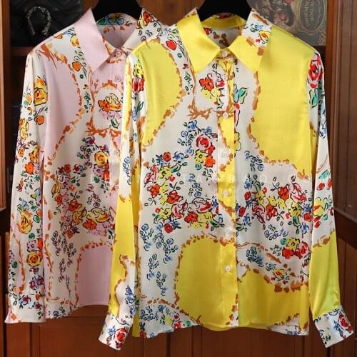 Double Joe stretch Blouse Tops Women Printed Fashion Long SLEEVE silk print shirt