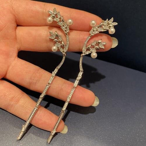 Summer New Style Branches Pearl Tassel Long Earrings Silver Color Olive Branch Womens Fashion Luxurious Jewelry Wedding Party