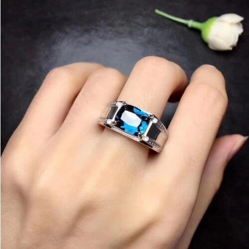 Natural blue topaz gem Ring S925 Silver Natural Gemstone Ring Fashion Luxury big large square Women man party gift Rings Jewelry