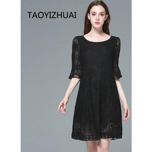 TAOYIZHUAI Black Solid A-Line Half Butterfly Sleeves Above Knee Casual Style Office party Plus Size Lace Women Dress 11532