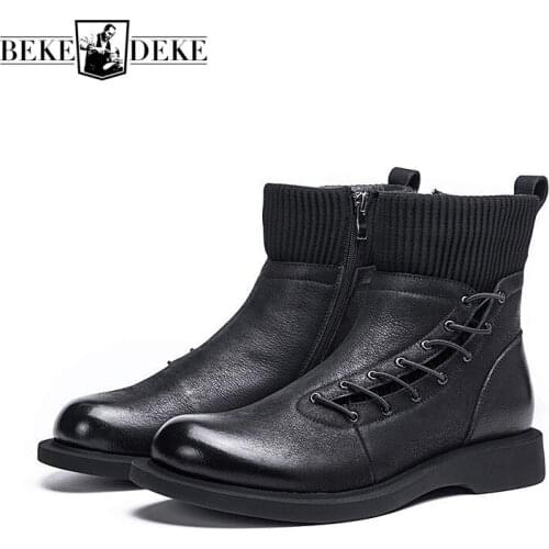 Winter Boots Men Fashion Zipper Motorcycle Ankle Boots Short Plush Warm 100% Real Leather Booties High Top Casual Man Footwear