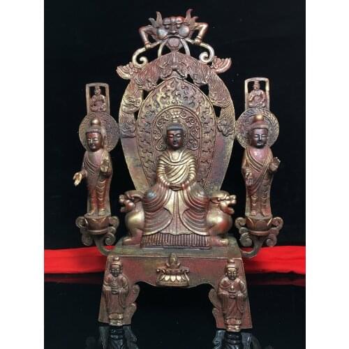 15" Tibet Buddhism Old Bronze Cinnabar Lacquer Northern Wei Buddha Shakyamuni Buddha Left and right guardian Enshrine the Buddha