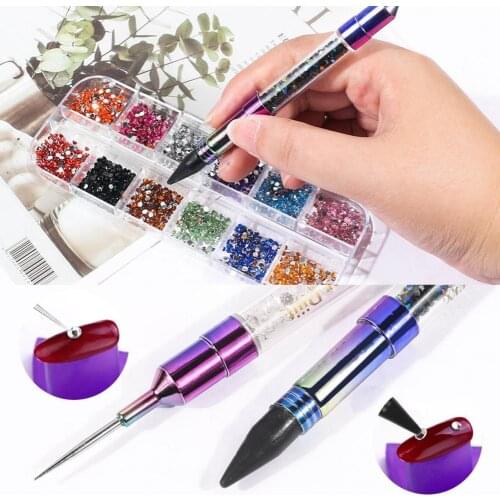 2 Colors Double Head Nail Dotting Pen Colorful Electroplating Acrylic Nail Art Rhinestone Picker Wax Pencil for Female