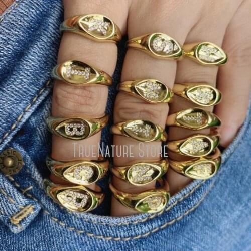 5Pcs RM39173 Letter Jewelry Ladies Copper Jewelry Cubic Zirconia Rings Gold Letter Clear Gold Plated Cubic Zirconia Ring