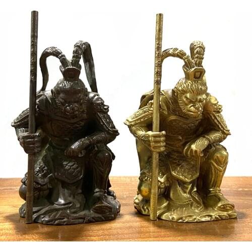 Antique Brass SunWuKong Monkey King Figurines Retro Office Desktop Decoration Miniature Car Ornament Bronze Home Decor Gifts