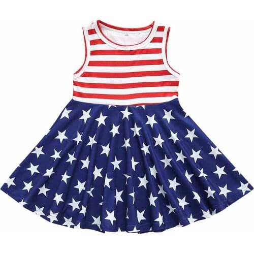 Kids Children Girls Independence Day Sundress Stripe Star Print O Neck Sleeveless Dress Summer Infant Toddler Dresses 1-5 Years