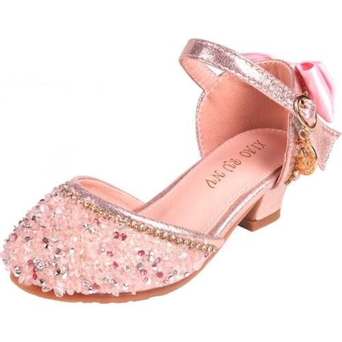 Childrens Sandals Girls Princess Sandals Glitter Bow High Heels Kids Sandals 2021 Spring Summer New Girls Leather Shoes E514