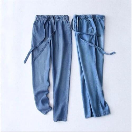 Women Spring Solid Ankle-Length Pencil Pants Mid Elastic Waist Wide Sashes Denim Slim Jeans High Quality Large Size 6XL 7XL