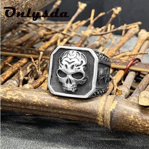 Gothic Style Stainless Steel Seal Skull Ring Vintage Black Cz Crystal Signet Rings Mens Jewelry For Man Cool stuff Gift OSR685
