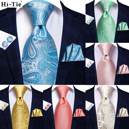 Hi-Tie Men Silk Wedding Tie FLight blue Mint Pink Paisley Solid ashion Design Gift Necktie For Men Hanky Cufflink Business Party