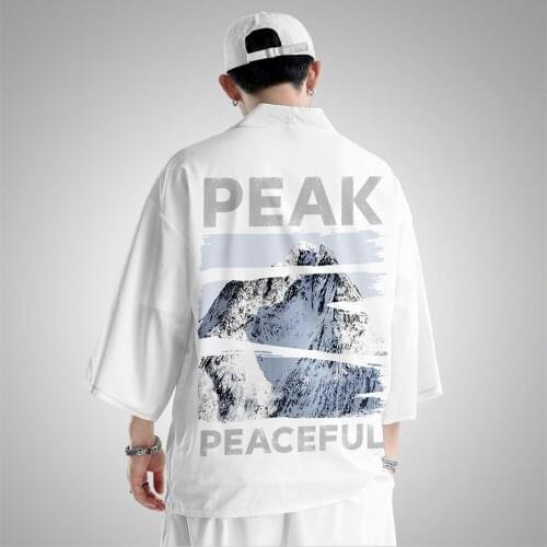 Peak Printed White Black Gray Kimono Cardigan Men Japanese Traditional Casual Loose Thin Set Coat Pants Asian Clothes Harajuku
