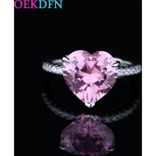 OEKDFN Real 925 Sterling Silver Ring Luxury Heart Zircon Pink Sapphire Gemstone Wedding Engagement Rings Jewelry Finger Bands