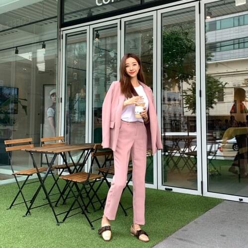 Korean casual uniform pant suits for women pink double-breasted suit 2 pieces suit women jacket womens pink suits set blazer set