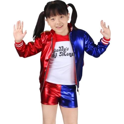 Harley Costume Quinn Cosplay Kids Suicide Girl Squad Harley Joker Quinn Embroidery Sets Harley Jacket Shorts Monster Clown Dress