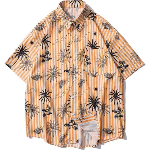 2021 summer new striped shirt mens short-sleeved casual plant flower print lapel beach Hawaiian vacation cardigan loose large s