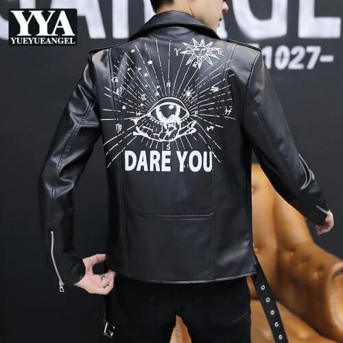Autumn Personality Printed Mens Faux Leather Jackets Motorcycle Long Sleeve Zippers Slim Night Show Mens Short Coats Plus Size