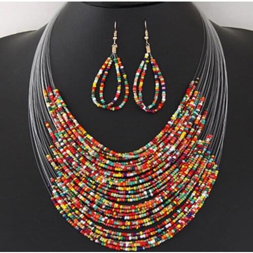 Boho Layered Strands Multi Color Mini Beads Chunky Necklace Ethnic Tribal Retro Charms Pendant Bead Necklace Earring Jewelry Set