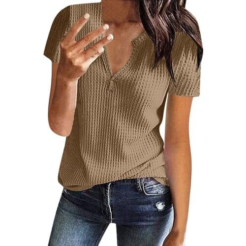 Solid Color Womens Tshirt Summer Fashion Knit Short Sleeve Graphic Tees Women V Neck Loose Tunic Harajuku Top Топ Женский P5