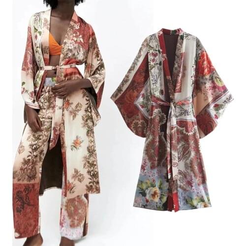 Klkxmyt Za Women 2021 Chic Fashion With Belt Printed Kimono Dress Vintage Three Quarter Sleeve Side Vents Female Dresses Vestido