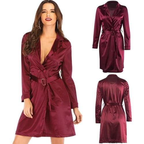 Sexy Womens New Button Front Style Dress Satin Red White Halter V Neck Office Lady Party Elegant Dresses Bandage Dress