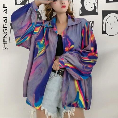 SHENGPALAE 2021 New Spring And Summer Fashion Women Clothing Turn-down Collar Batwing Sleeves Printed Sunrise Cardigan WA708