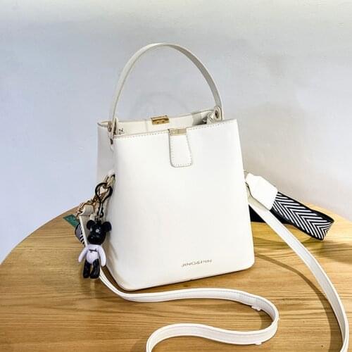 2021 Wide Strap Solid Color Female PU Leather Bucket Handbag Brand Designer Ladys Shoulder Crossbody Bags Womens Handbags