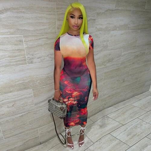 TNNAOFF Aesthetic Graphic Mesh Sheer Bodycon Dress for Women Summer Trendy Elegant Short Sleeve Streetwear Club Midi Dresses