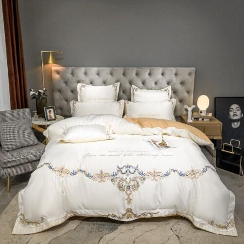 High-Grade European Style Satin Embroidery Cotton Naked Sleep Bedding Set Quit Cover Sheet Pillowcase Queen King 4 Pcs