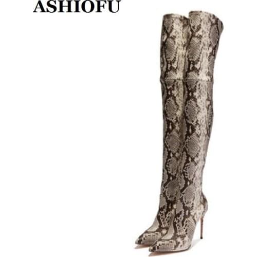 ASHIOFU Handmade New Style Ladies High Heel Boots Faux-snake Leather Party Prom Thigh High Boots Skinny Evening Club Boots Shoes