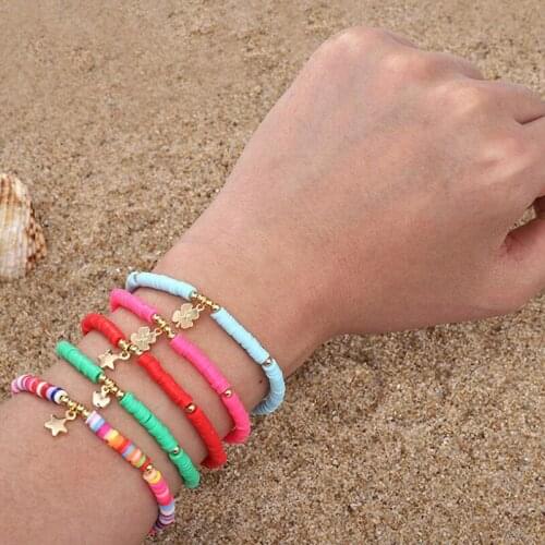 Boho 4mm Colorful Discs Bead Stretch Bracelet For Women Chic Star Heart Bracelet Polymer Clay Surf Beach Jewelry
