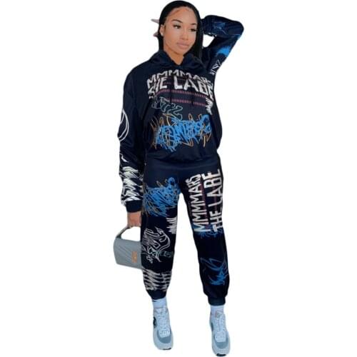 Graffiti Streetwear Two 2 Piece Set Women Ladies Tracksuit Female Hoodies Sweart Pants Joggers Women Matching Sets Outfits