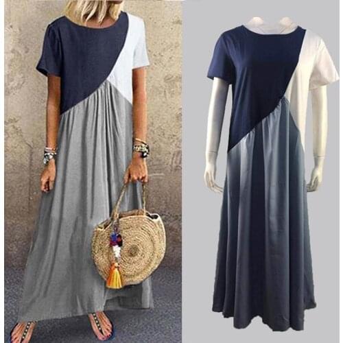 Women Bohemian Geometric Stitching Patchwork Contrast Dress Short-sleeve Dresses Boho Large Size Casual Long Maxi Beach Dress