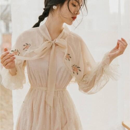 2021 New Spring Lace Dress Autumn Female Vintage Mesh Party Dress Elegant Bow Collar Long Sleeve Women Dresses Robe Vestido