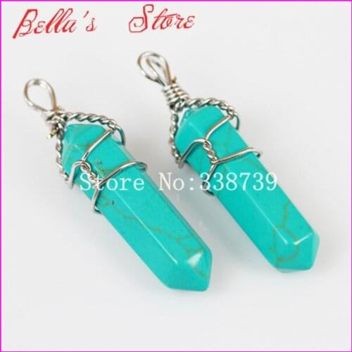 1pc Beautiful Nature Blue Stone Gems Stone Pendant,Healing Wire Wrapped Hexagon Point Gems Druzy Quartz Pendant