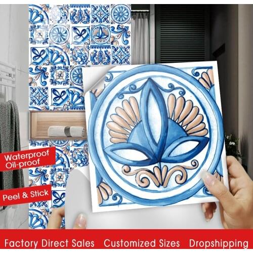 10pcs/set Blue Floral Ornament Arabesque Wall Stickers Kitchen Washbasin Decoration Hard Ceramics Wall Decals Tiles Art Mural
