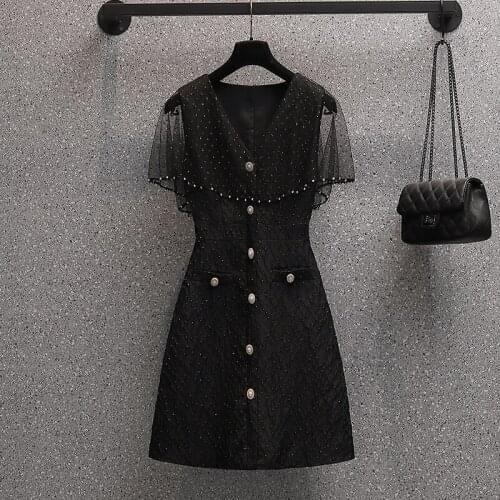 4XL Plus size office ladies french vintage black midi dresses for women mesh patchwork beading sexy slim bodycon Summer vestidos