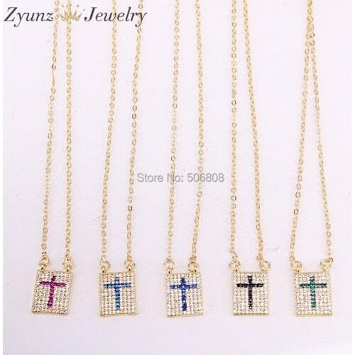 6PCS ZYZ330-3558 Gold Jewelry Shiny CZ Zirconia Cross in Rectangle Shape Pendant Necklace For Women Gift collares