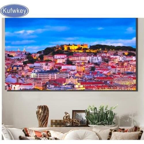 DIY 5D Diamond Mosaic"Lisbon Portugal Night Town Landscape"Full square Diamond Painting Cross Stitch Kit Diamond Embroidery sale