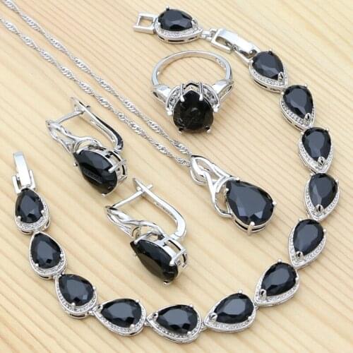 Noble Black Jewelry Set 925 Sterling Silver Earrings Ring Pendant Chain Bracelet Water Drop Cubic Zirconia Accessories