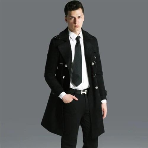 Black mens trench coats veste longue homme man clothes slim fit overcoat lapel long sleeved suede spring autumn new designer