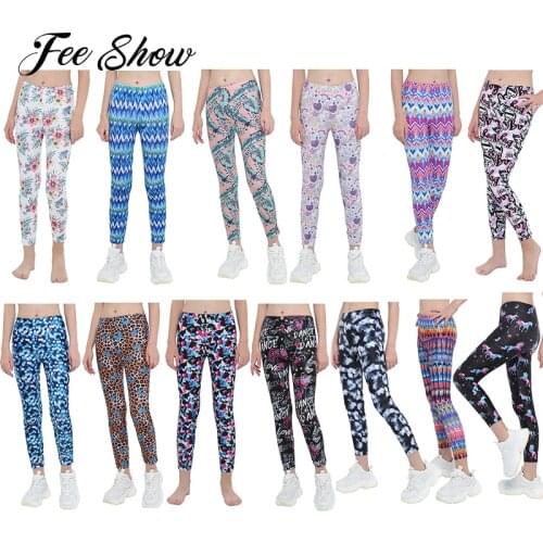 Kid Girls Sport Leggings Ballet Dance Leggings Pants Low Waist Patterns Printed Stretchy Trousers for Gym Running Yoga Dancing