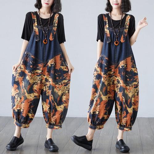 Retro Washed Jeans Plus Size Womens Printed Bib Suspenders Jumpsuit Ladies Sleeveless Loose Leg Nine-Point Pants Playsuirt M214