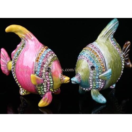 Feng Shui Pewter Fish Statue Figurine with Rhinestone Metal Fish Figurine Bejeweled Fish Jewelry Trinket Hinged Box