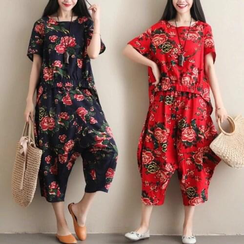 Retro Printed Cotton Linen Suit Womens New 2021 Spring Summer Short Sleeve Top Crotch Split Wide Leg Pants Large Two Piece Set